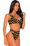 Scoop Neck High Leg Leopard Bikini Set Brown