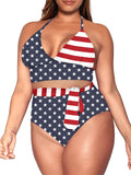 Plus Size Two Piece Bikini Swimsuits USA Flag Print Tummy Control Bathing Suits
