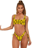 Square Neck Strappy Snakeskin Print High Cut Bikini Set Yellow