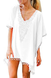 V Neck Short Sleeve Pom Pom Trim Crochet Patchwork Beach Dress White
