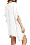 V Neck Short Sleeve Pom Pom Trim Crochet Patchwork Beach Dress White