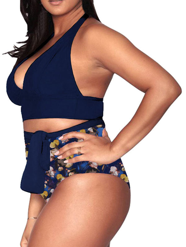 Womens Plus Size Halter High Waisted Swimwear Tummy Control Bottoms Bathing Suits