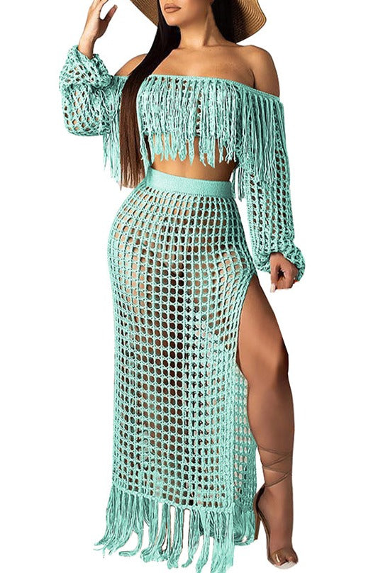Plus Size Fringe Crop Top Crochet Skirt Cover Up Set Green