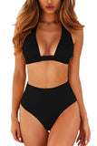 Solid Halter Backless High Waisted Cheeky Bikini Set Black