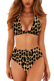 Leopard Print Backless Halter High Waisted Bikini Set Brown