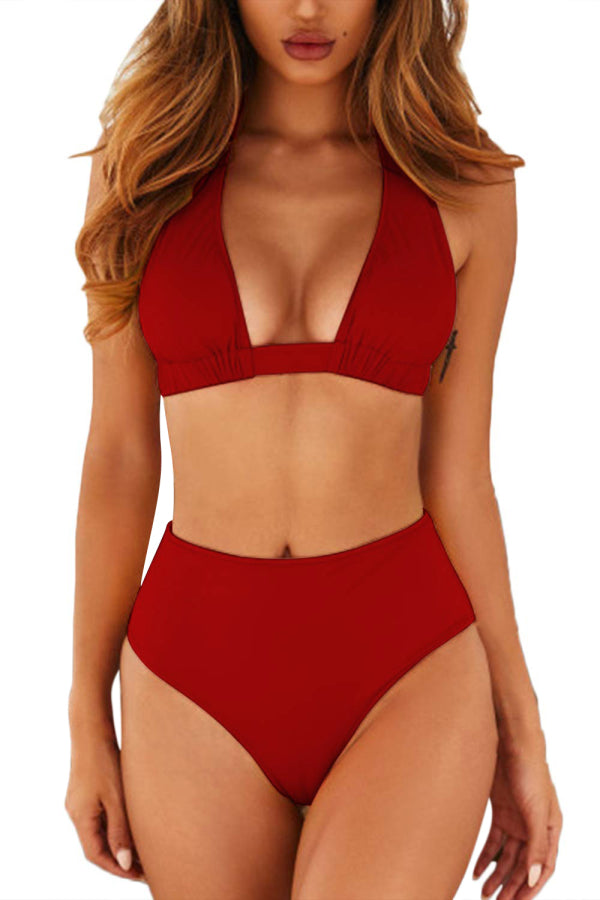 Solid Halter Open Back Cheeky Two Piece Bathing Suit Red