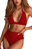 Solid Halter Open Back Cheeky Two Piece Bathing Suit Red