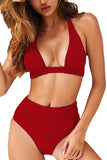 Solid Halter Open Back Cheeky Two Piece Bathing Suit Red