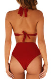 Solid Halter Open Back Cheeky Two Piece Bathing Suit Red
