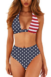 Halter US Flag Print Self Tie Beach Swimsuit Navy Blue