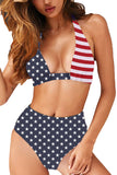 Halter US Flag Print Self Tie Beach Swimsuit Navy Blue