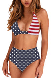 Halter US Flag Print Self Tie Beach Swimsuit Navy Blue