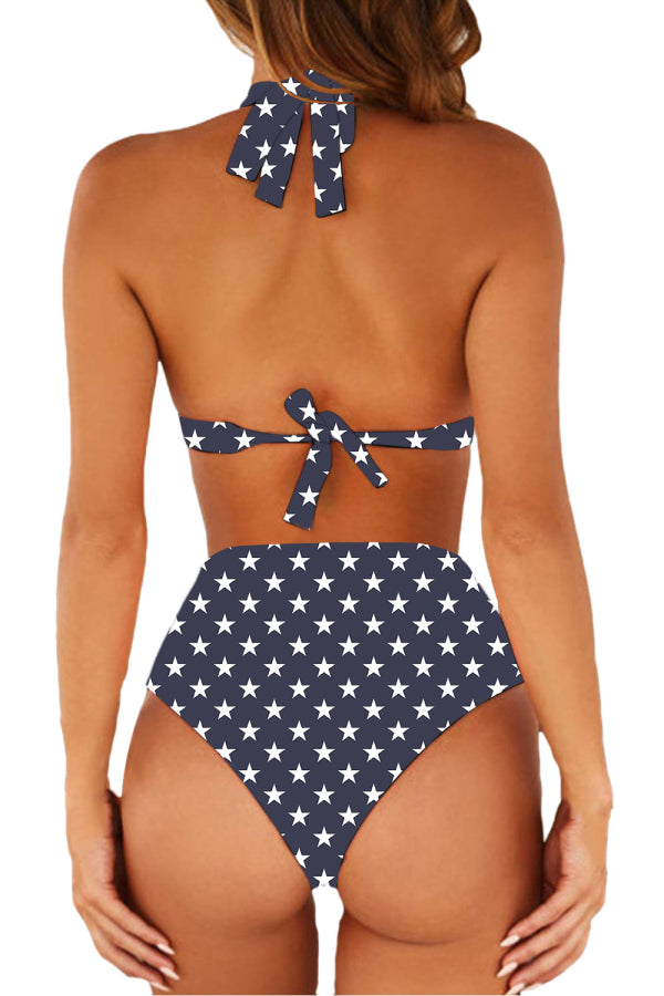 Women’s Bikini Swimsuit Halter US Flag Print Triangle 2 Pcs Swimwear