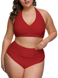 PSW7827RE-2XL, PSW7827RE-3XL, PSW7827RE-4XL, PSW7827RE-XL, Red Women's Plus Size Two Piece Halter High Waist Tummy Control Bathing Suit