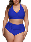 PSW7827SB-2XL, PSW7827SB-3XL, PSW7827SB-4XL, PSW7827SB-XL, sapphire blue Women's Plus Size Two Piece Halter High Waist Tummy Control Bathing Suit