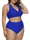 PSW7827SB-2XL, PSW7827SB-3XL, PSW7827SB-4XL, PSW7827SB-XL, sapphire blue Women's Plus Size Two Piece Halter High Waist Tummy Control Bathing Suit