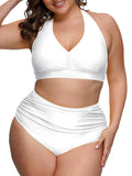 PSW7827WH-2XL, PSW7827WH-3XL, PSW7827WH-4XL, PSW7827WH-XL, White Women's Plus Size Two Piece Halter High Waist Tummy Control Bathing Suit