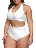 PSW7827WH-2XL, PSW7827WH-3XL, PSW7827WH-4XL, PSW7827WH-XL, White Women's Plus Size Two Piece Halter High Waist Tummy Control Bathing Suit
