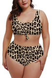 Plus Size Leopard U Neck Tie High Waisted Two Piece Swimsuit Brown