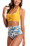 Halter Top Floral High Waisted Bikini Set Yellow