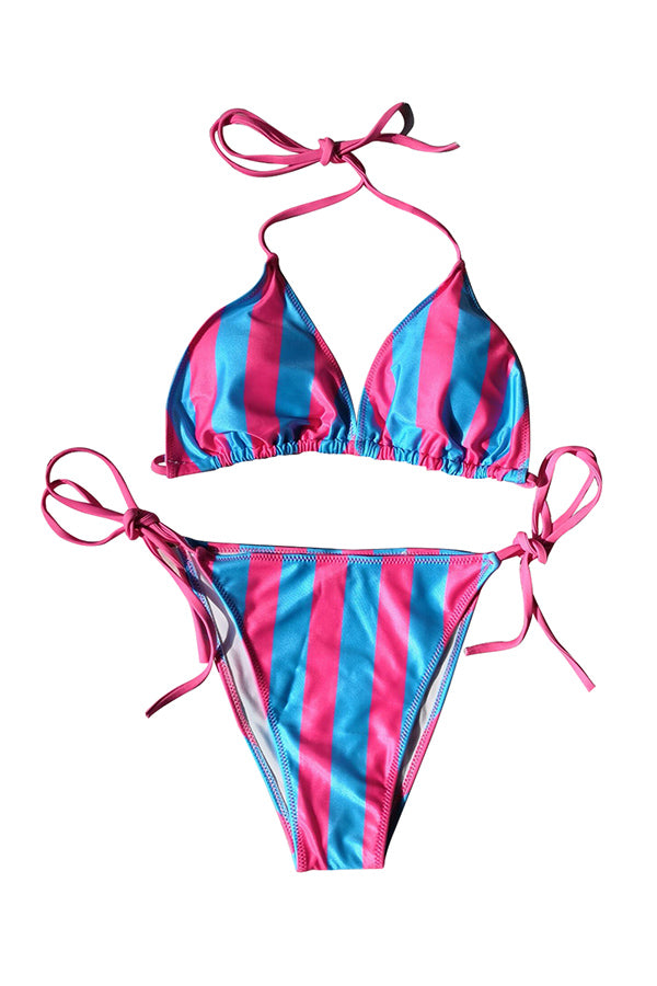 Striped Triangle Halter Bikini Set Light Blue