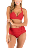 Solid Halter Open Back High Waisted Ruched Bikini Set Red
