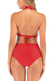 Solid Halter Open Back High Waisted Ruched Bikini Set Red