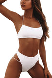 Solid Halter Cut Out High Cut Bikini Set White
