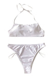 Solid Halter Cut Out High Cut Bikini Set White