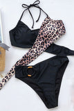 Halter Leopard Print High Cut Metal Ring Two Piece Swimsuit Black
