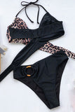 Halter Leopard Print High Cut Metal Ring Two Piece Swimsuit Black