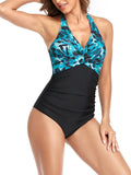 Women's One Piece Tummy Control Swimwear Floral Halter Bathing Suit