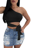 One Shoulder Sleeveless Cut Out Waist Tie Plain Crop Top Black