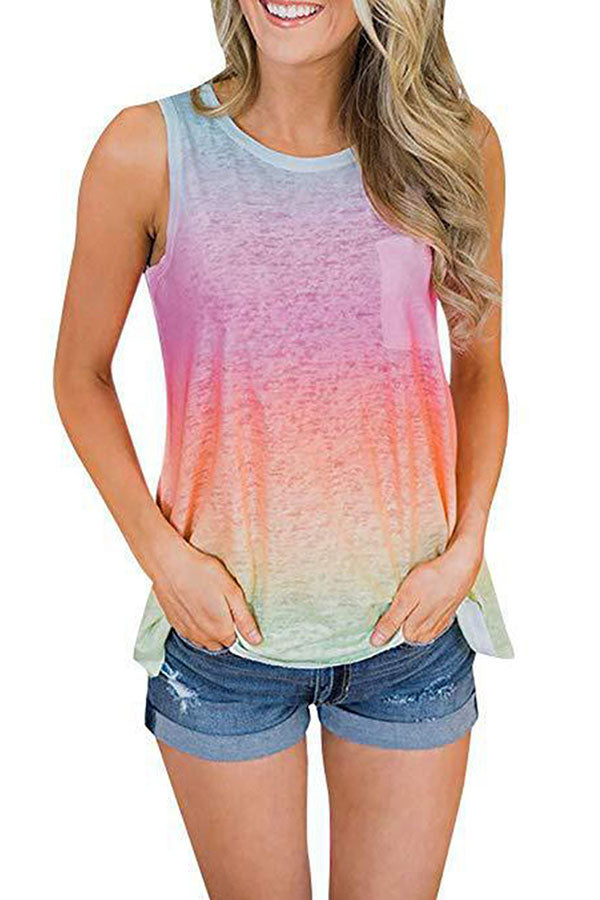 Women's Crew Neck Ombre Print Tank Top With Pocket Pink