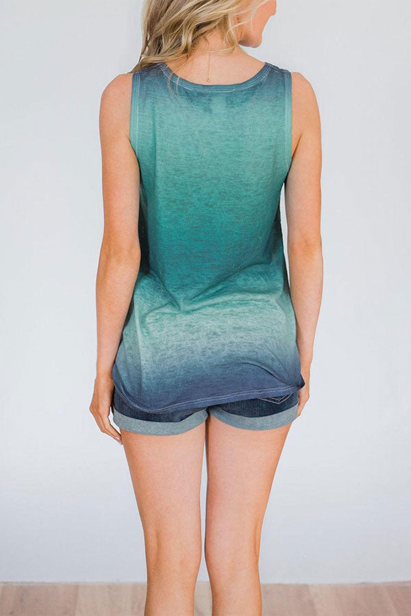 Crew Neck Ombre Print Casual Tank Top For Women Turquoise