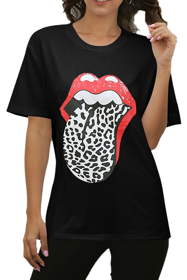 Short Sleeve Crew Neck Leopard Lip Print Casual Summer T-Shirt