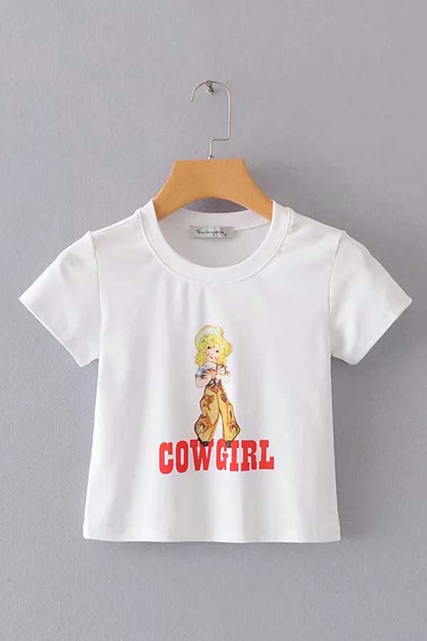Women's Cowgirl Print Crew Neck Short Sleeve Crop Top
