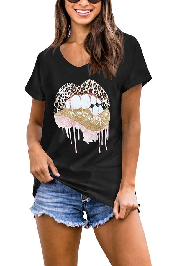 Women'S Leopard Lip Print V Neck Short Sleeve T-Shirt