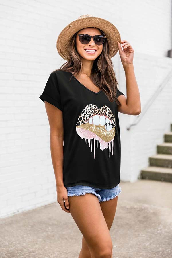 Women'S Leopard Lip Print V Neck Short Sleeve T-Shirt