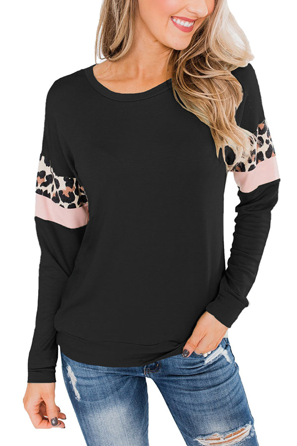Long Sleeve Leopard Block Pullover Sweatshirt Black