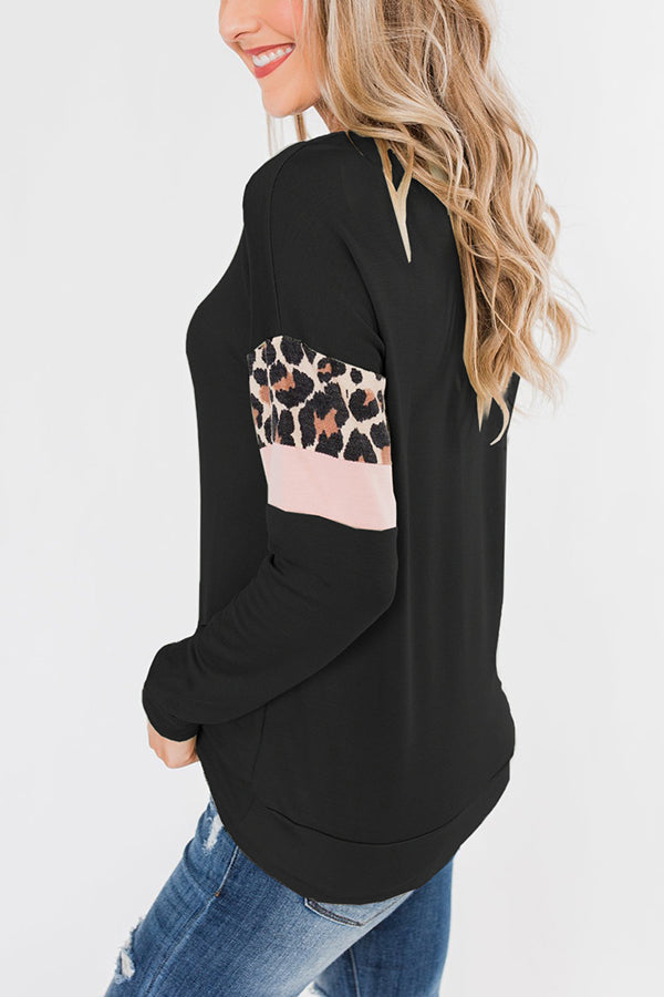 Long Sleeve Leopard Block Pullover Sweatshirt Black