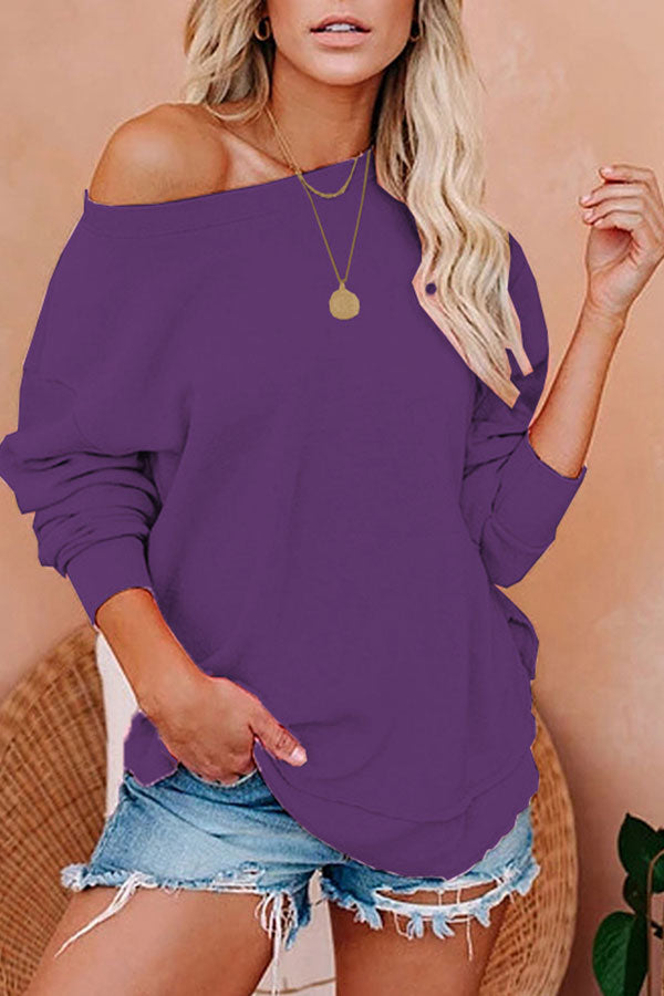 Long Sleeve Plain Slit Side Pullover Sweatshirt Purple
