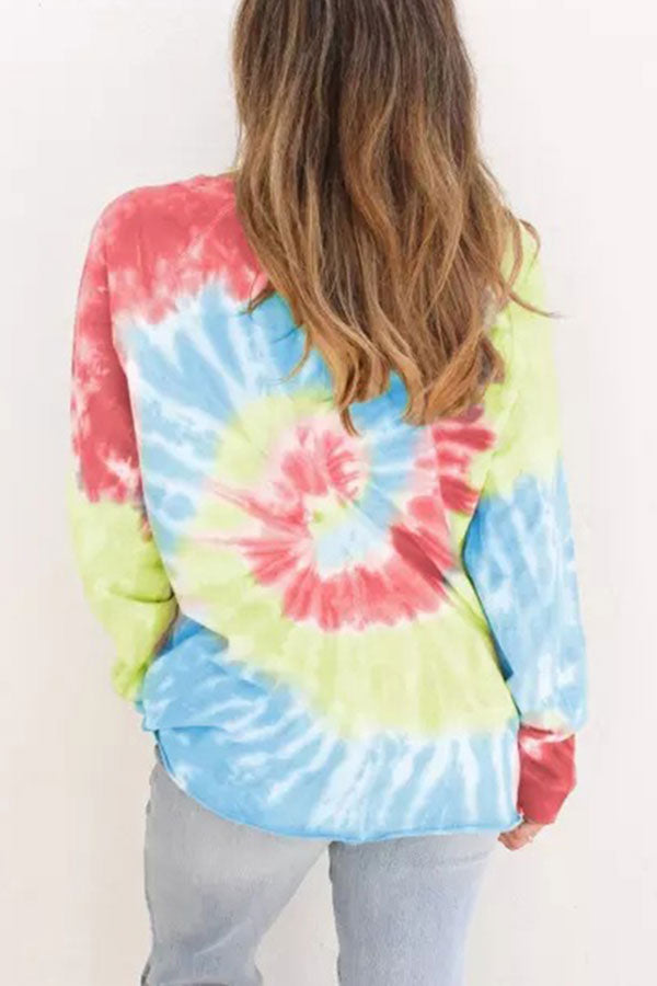 Casual Loose Long Sleeve Crew Neck Tie Dye T-Shirt