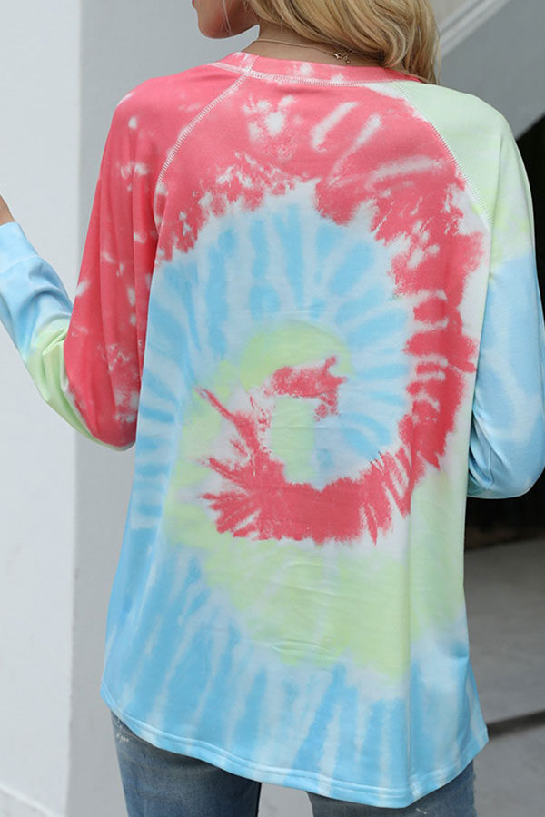 Casual Loose Long Sleeve Crew Neck Tie Dye T-Shirt