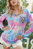 Long Sleeve Tie Dye Leopard Trim V Neck T-Shirt Purple