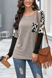 Long Sleeve Leopard Pocket Round Neck T-Shirt Khaki