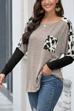 Long Sleeve Leopard Pocket Round Neck T-Shirt Khaki