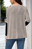 Long Sleeve Leopard Pocket Round Neck T-Shirt Khaki