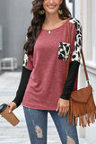 Long Sleeve Color Block Crew Neck Leopard T-Shirt Ruby