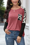 Long Sleeve Color Block Crew Neck Leopard T-Shirt Ruby